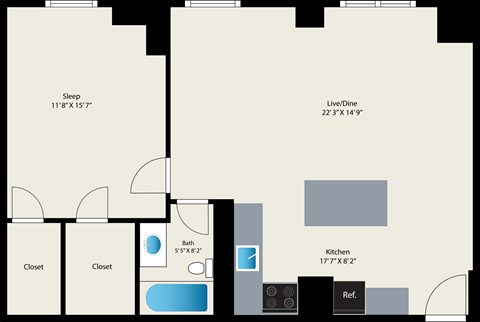 Floor plan for 1 bed, 1 bath, 875 sqft